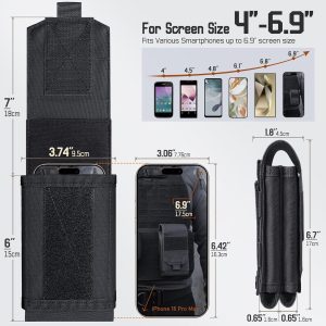 • Universal size fits 4–6.9 inch phones, designed for secure outdoor use • Constructed from durable 600D CORDURA for long-lasting protection • Soft padded interior helps prevent scratches, shocks, and screen damage • Dual-layer compartments hold two phones or a phone plus a slim power bank • Front loop panel allows attaching patches for personalization • Molle straps with snap buttons attach easily to compatible backpacks or belts • Lightweight build for comfortable all-day carry during outdoor activities • Ideal for hiking, camping, mountaineering, and daily travel gear organization