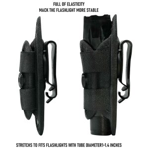 Made from durable breathable nylon designed for long outdoor use Rotatable clip allows full degree movement for quick angle adjustment Secure belt clip keeps the pouch stable during travel and outdoor tasks Stretchable fabric fits flashlights up to 1.21 inches in diameter Closed bottom design prevents compact flashlights from slipping out Lightweight build offers easy everyday carry without added bulk Molle compatible straps attach easily to backpacks belts or gear setups Ultra-sturdy clip fits belts sized 1.4 to 2.75 inches wide Universal fit design accommodates most medium and small flashlight styles Strong stitching ensures durability and reliable long-term performance Ideal pouch for camping trekking hiking night work and outdoor activities