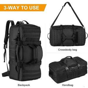 High Capacity & Spacious Design: 60L storage space with external dimensions of 25.6" H x 13.7" W x 9.8" D, perfect for carrying all your outdoor essentials. Durable Material: Made from military-grade high-intensity wear-resistant, anti-tear nylon with waterproof coating and mercerized cotton lining for long-lasting use. MOLLE System: Integrated MOLLE webbing allows attachment of additional gear like smartphone pouches, fanny packs, water bottle holders, and other accessory kits. Multi-functional: Can be used as a backpack, handbag, large shoulder bag, travel bag, hiking daypack, or waist pack. Ergonomic & Comfortable: Adjustable shoulder straps and padded back ensure comfort during long hikes or treks. Outdoor Ready: Ideal for outdoor activities such as hunting, camping, trekking, mountaineering, hiking, climbing, cycling, and other adventure sports. Lightweight & Portable: Weighs only 3.86 lbs, making it easy to carry without compromising on storage capacity. Organized Storage: Multiple compartments and pockets to keep your items organized and easily accessible. Versatile Gear: Suitable for tactical use, travel, survival, or everyday carry for adventurers and outdoor enthusiasts.
