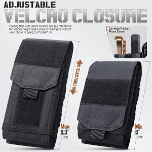 • Universal size fits 4–6.9 inch phones, designed for secure outdoor use • Constructed from durable 600D CORDURA for long-lasting protection • Soft padded interior helps prevent scratches, shocks, and screen damage • Dual-layer compartments hold two phones or a phone plus a slim power bank • Front loop panel allows attaching patches for personalization • Molle straps with snap buttons attach easily to compatible backpacks or belts • Lightweight build for comfortable all-day carry during outdoor activities • Ideal for hiking, camping, mountaineering, and daily travel gear organization