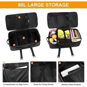 High Capacity & Spacious Design: 60L storage space with external dimensions of 25.6" H x 13.7" W x 9.8" D, perfect for carrying all your outdoor essentials. Durable Material: Made from military-grade high-intensity wear-resistant, anti-tear nylon with waterproof coating and mercerized cotton lining for long-lasting use. MOLLE System: Integrated MOLLE webbing allows attachment of additional gear like smartphone pouches, fanny packs, water bottle holders, and other accessory kits. Multi-functional: Can be used as a backpack, handbag, large shoulder bag, travel bag, hiking daypack, or waist pack. Ergonomic & Comfortable: Adjustable shoulder straps and padded back ensure comfort during long hikes or treks. Outdoor Ready: Ideal for outdoor activities such as hunting, camping, trekking, mountaineering, hiking, climbing, cycling, and other adventure sports. Lightweight & Portable: Weighs only 3.86 lbs, making it easy to carry without compromising on storage capacity. Organized Storage: Multiple compartments and pockets to keep your items organized and easily accessible. Versatile Gear: Suitable for tactical use, travel, survival, or everyday carry for adventurers and outdoor enthusiasts.