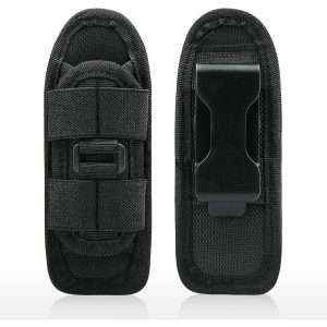 Made from durable breathable nylon designed for long outdoor use Rotatable clip allows full degree movement for quick angle adjustment Secure belt clip keeps the pouch stable during travel and outdoor tasks Stretchable fabric fits flashlights up to 1.21 inches in diameter Closed bottom design prevents compact flashlights from slipping out Lightweight build offers easy everyday carry without added bulk Molle compatible straps attach easily to backpacks belts or gear setups Ultra-sturdy clip fits belts sized 1.4 to 2.75 inches wide Universal fit design accommodates most medium and small flashlight styles Strong stitching ensures durability and reliable long-term performance Ideal pouch for camping trekking hiking night work and outdoor activities