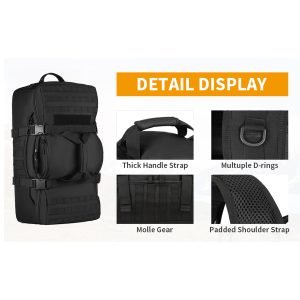 High Capacity & Spacious Design: 60L storage space with external dimensions of 25.6" H x 13.7" W x 9.8" D, perfect for carrying all your outdoor essentials. Durable Material: Made from military-grade high-intensity wear-resistant, anti-tear nylon with waterproof coating and mercerized cotton lining for long-lasting use. MOLLE System: Integrated MOLLE webbing allows attachment of additional gear like smartphone pouches, fanny packs, water bottle holders, and other accessory kits. Multi-functional: Can be used as a backpack, handbag, large shoulder bag, travel bag, hiking daypack, or waist pack. Ergonomic & Comfortable: Adjustable shoulder straps and padded back ensure comfort during long hikes or treks. Outdoor Ready: Ideal for outdoor activities such as hunting, camping, trekking, mountaineering, hiking, climbing, cycling, and other adventure sports. Lightweight & Portable: Weighs only 3.86 lbs, making it easy to carry without compromising on storage capacity. Organized Storage: Multiple compartments and pockets to keep your items organized and easily accessible. Versatile Gear: Suitable for tactical use, travel, survival, or everyday carry for adventurers and outdoor enthusiasts.